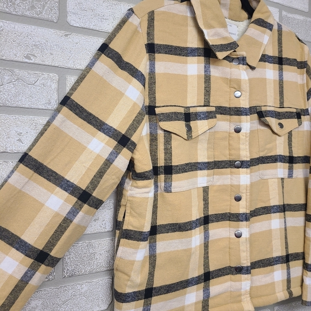 Lucky Brand Tan Black Snap Fleece Lined Shacket Medium - Picture 2 of 7